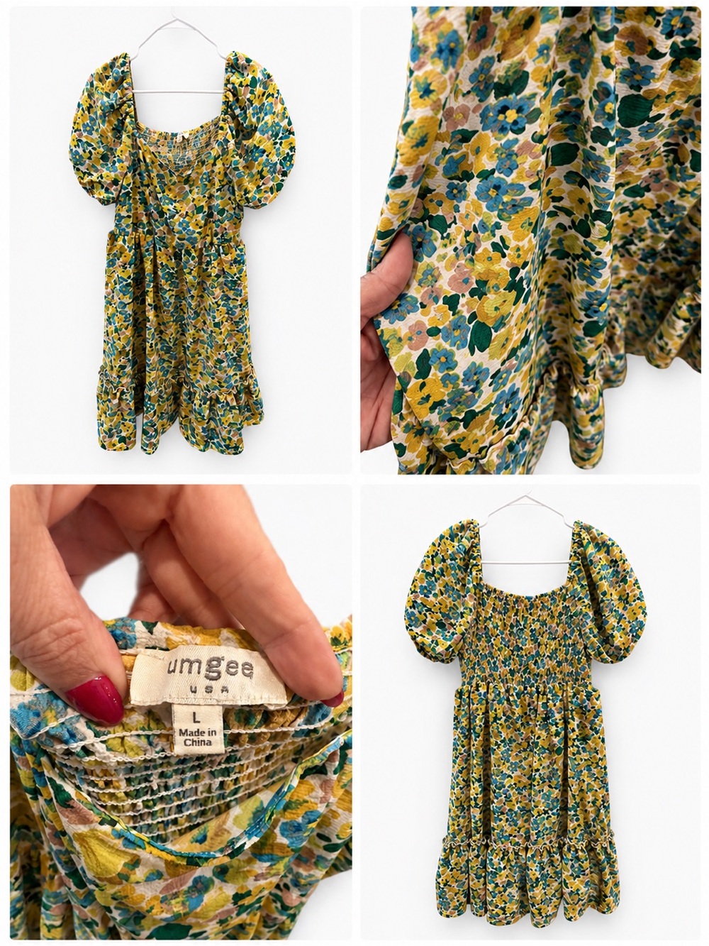 Umgee Yellow Floral Puff-Sleeve Smocked Dress